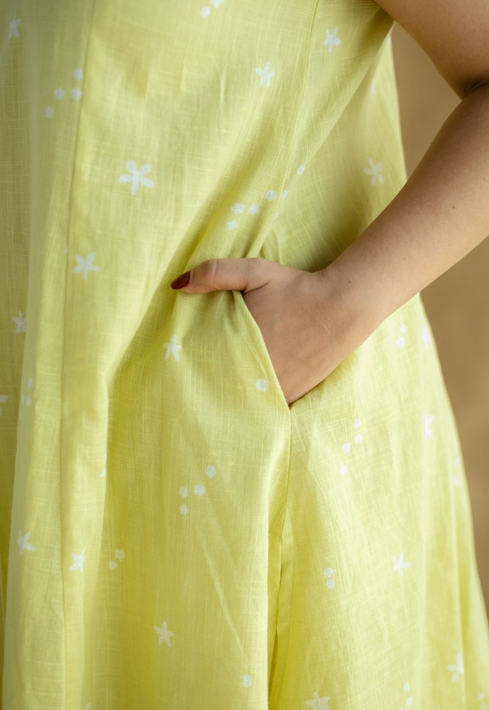 Raahi Lime Green Hand Block Print Slub Cotton A Line Kurta