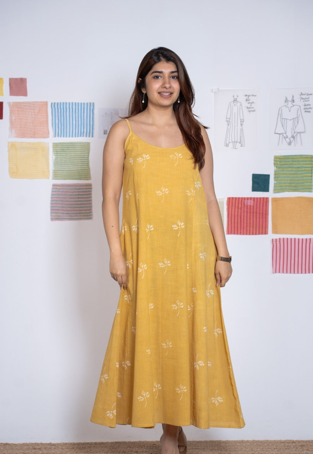 Viaana Yellow Dabu Slub Cotton A Line Dress