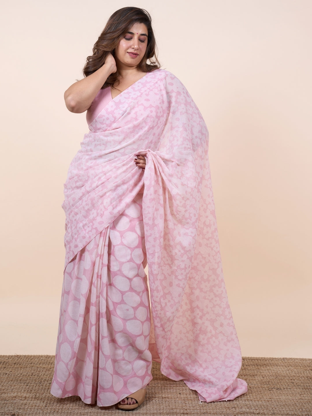 Mira Pink Batik Hand Block Print Mul Cotton Saree with Embroidery