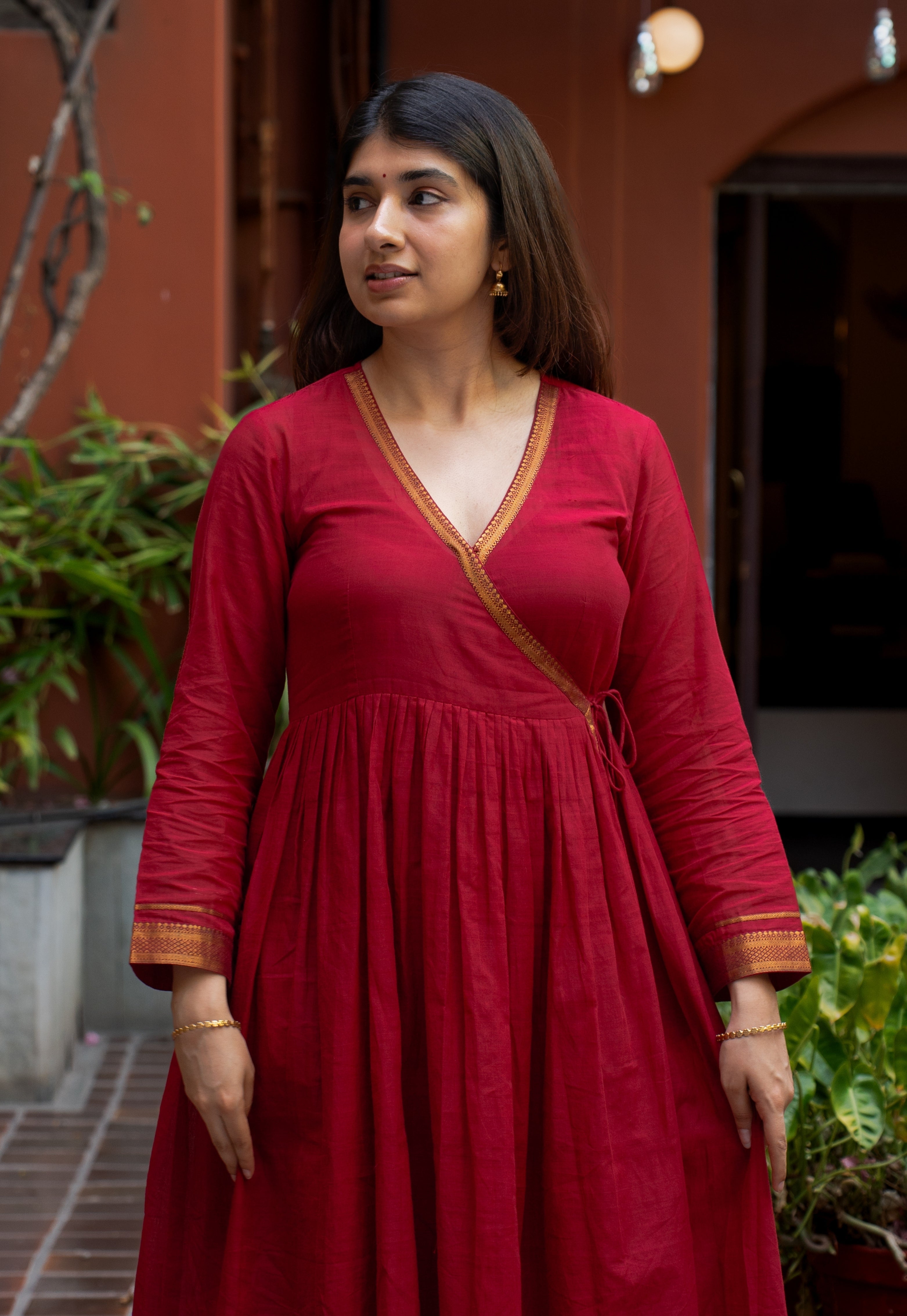 Jina Red Mangalgiri Cotton Angarakha Kurta with Nizam Border