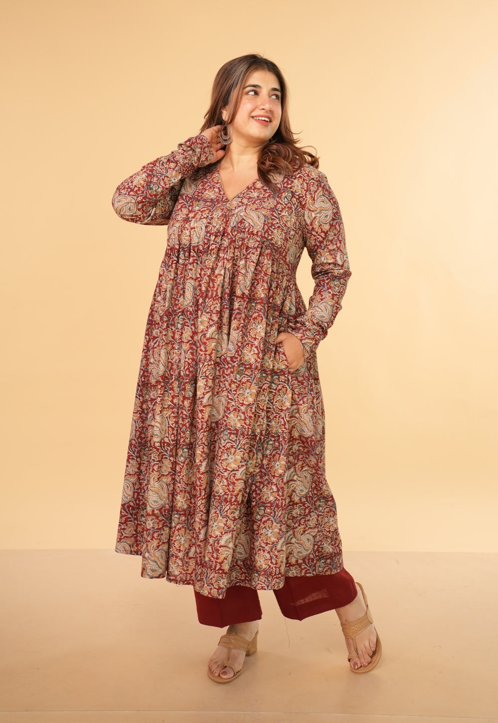 Farha Red Kalamkari Cotton A Line Kurta
