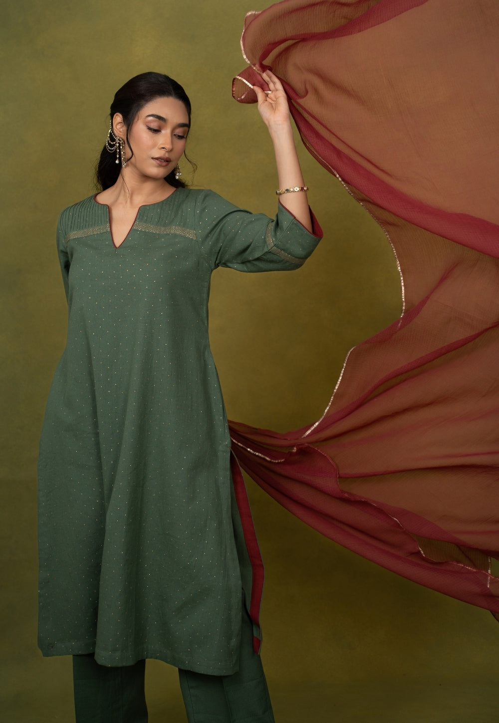 Ishira Green Rogan Handblock Printed Cotton Straight Kurta Suit Set (Set of 3)