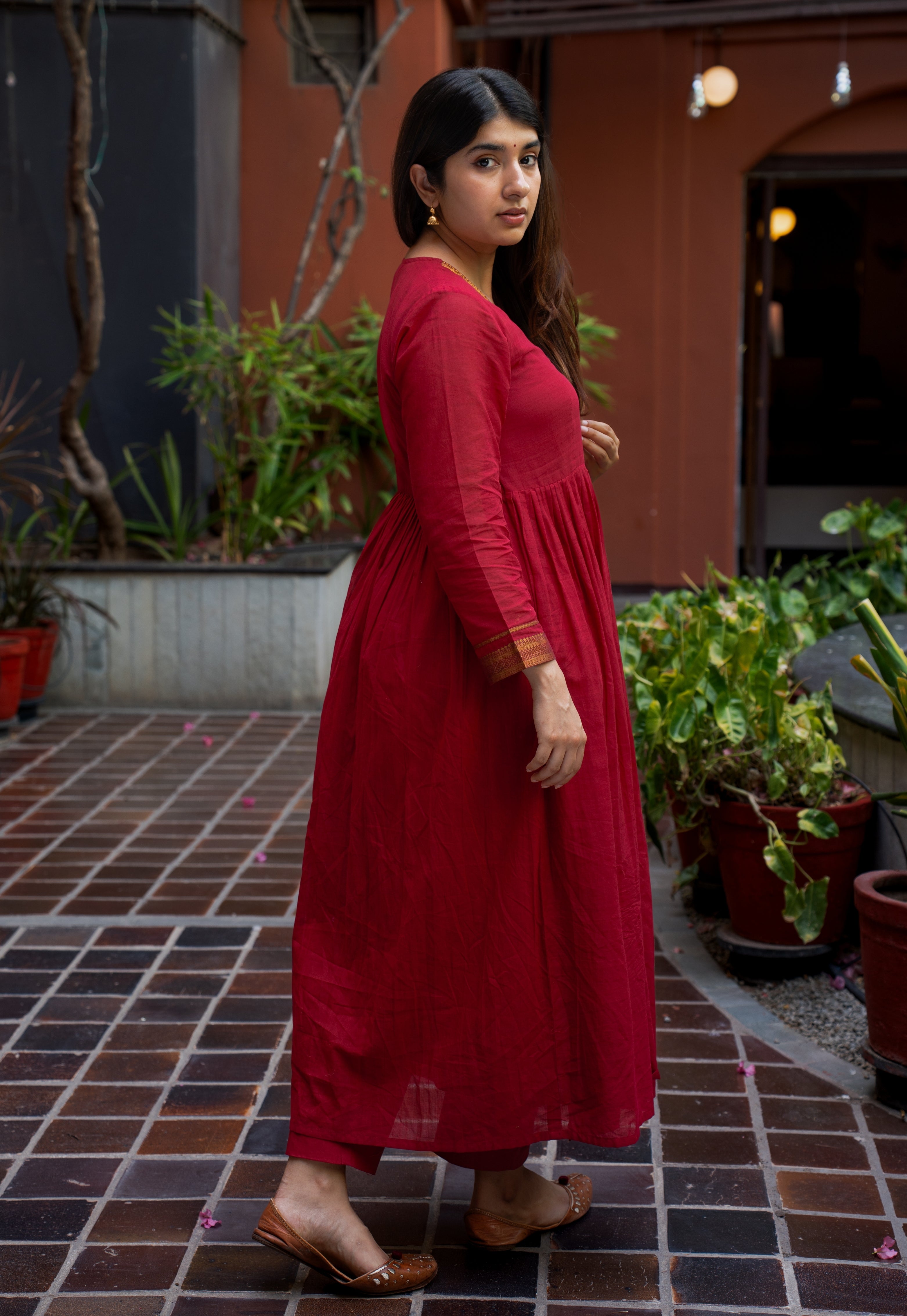 Jina Red Mangalgiri Cotton Angarakha Kurta with Nizam Border