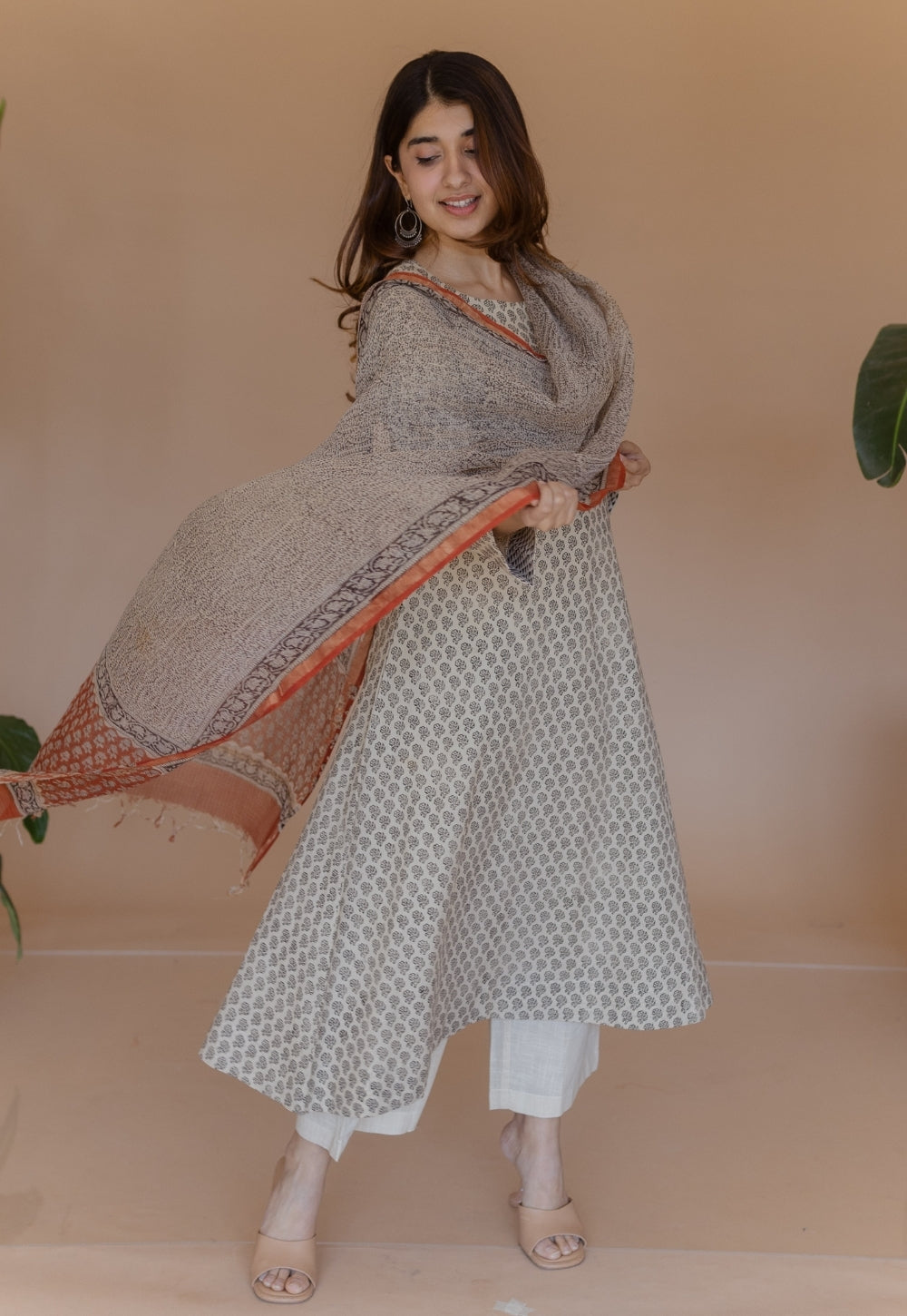 Shriya Off White Bagru Cotton A Line Kurta