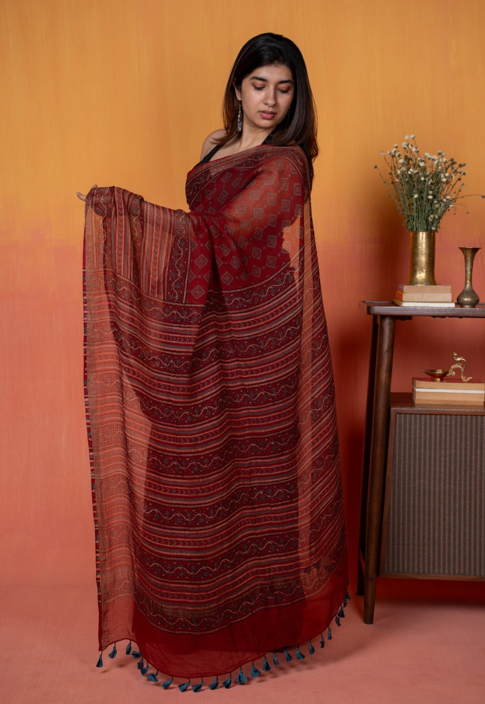 Red Aztec Ajrakh Hand Block Print Kota Doria Cotton Saree