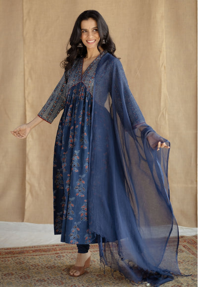 Kriti Indigo Ajrakh Cotton A Line Kurta with Hand Embroidery