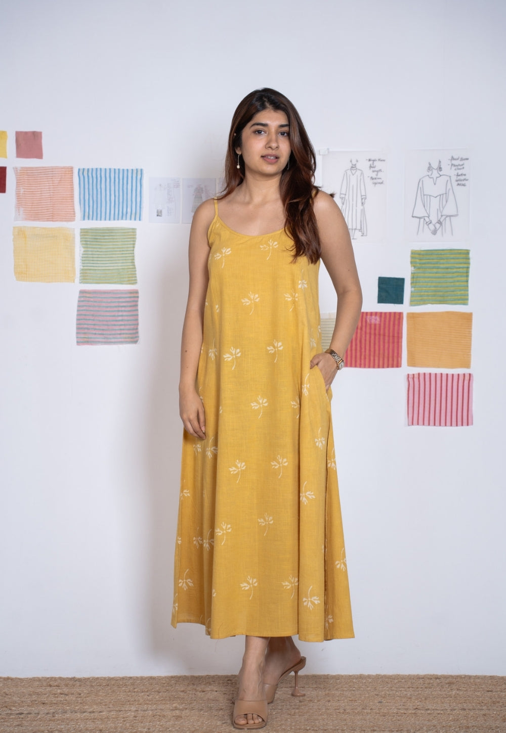 Viaana Yellow Dabu Slub Cotton A Line Dress