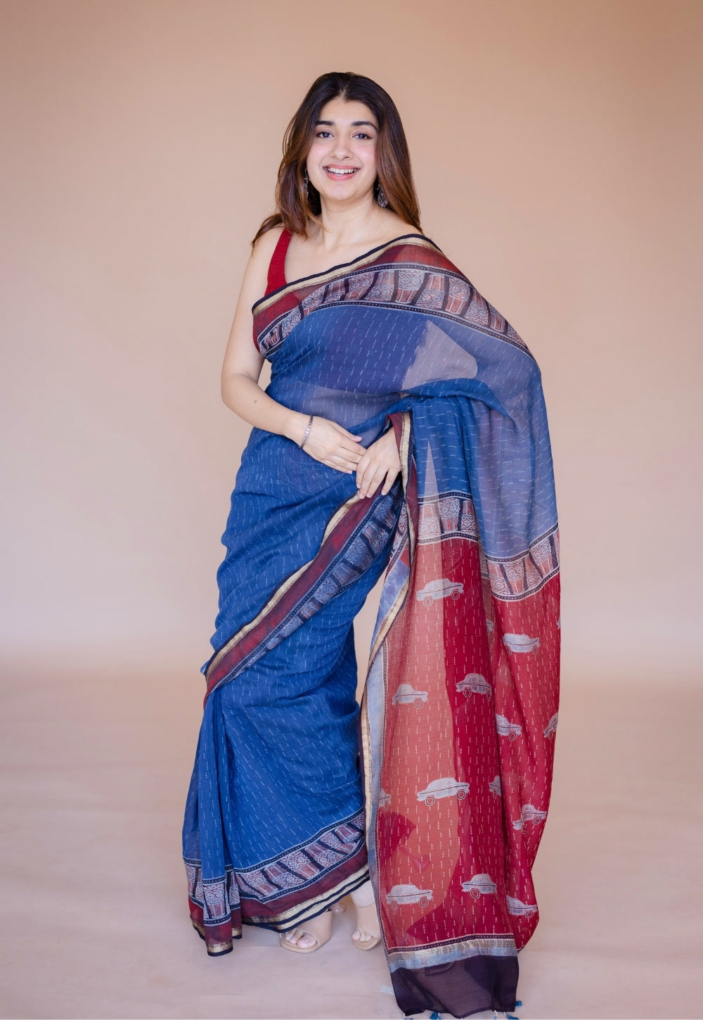 Blue Car Ajrakh Hand Block Print Chanderi Saree