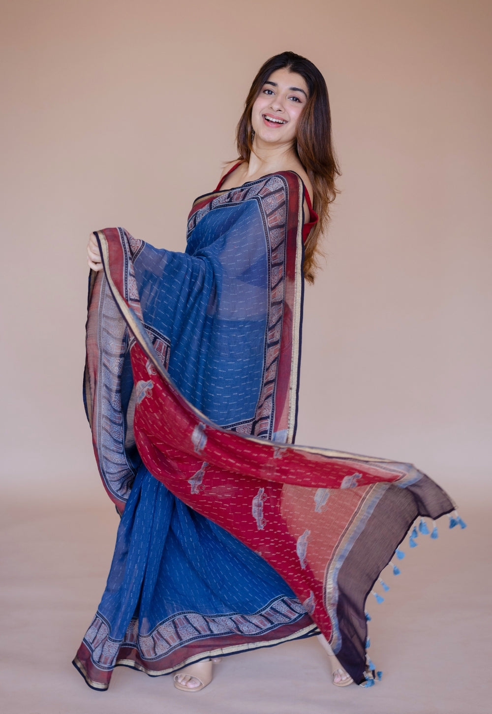 Blue Car Ajrakh Hand Block Print Chanderi Saree