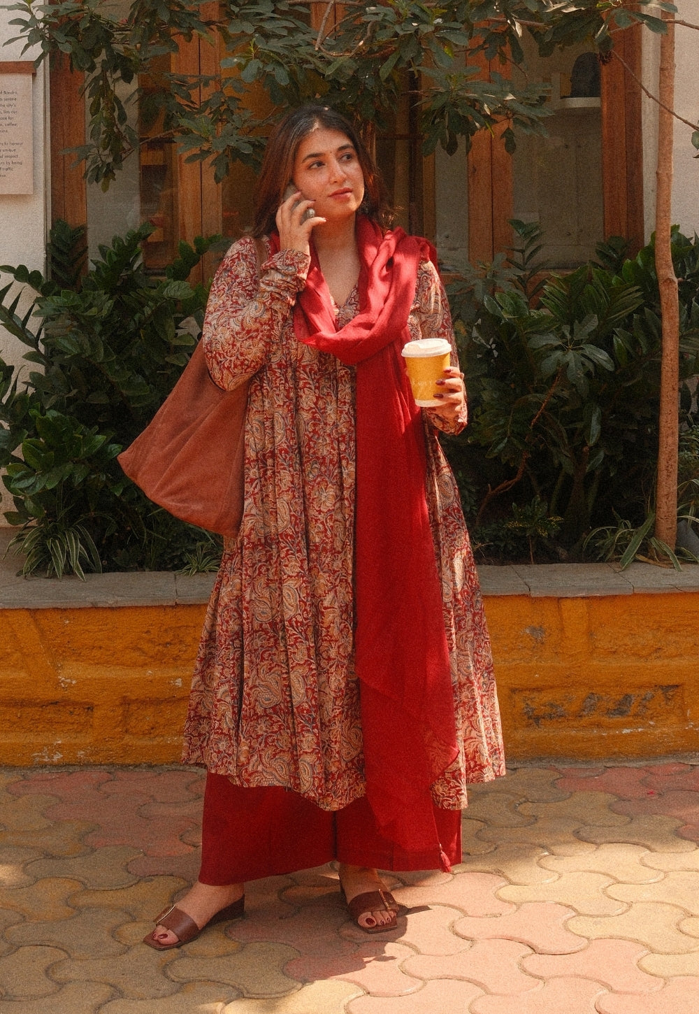 Farha Red Kalamkari Cotton A Line Kurta