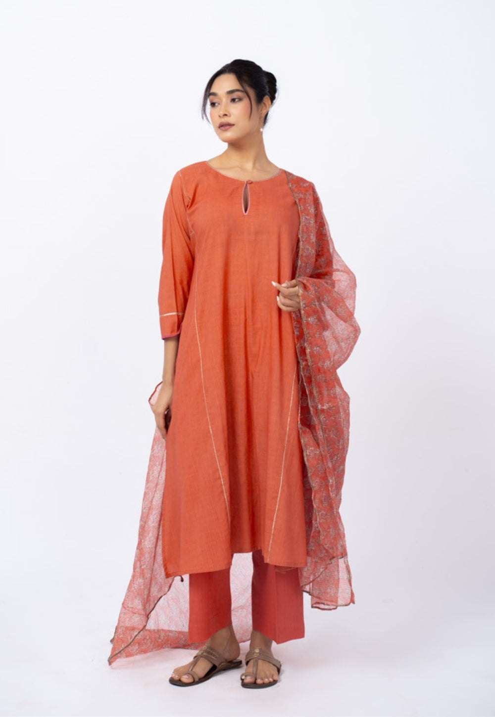 Adhya Orange Solid Slub Cotton Jhabbha Kali Kurta Suit Set with Printed Dupatta(Set of 3) (Copy)
