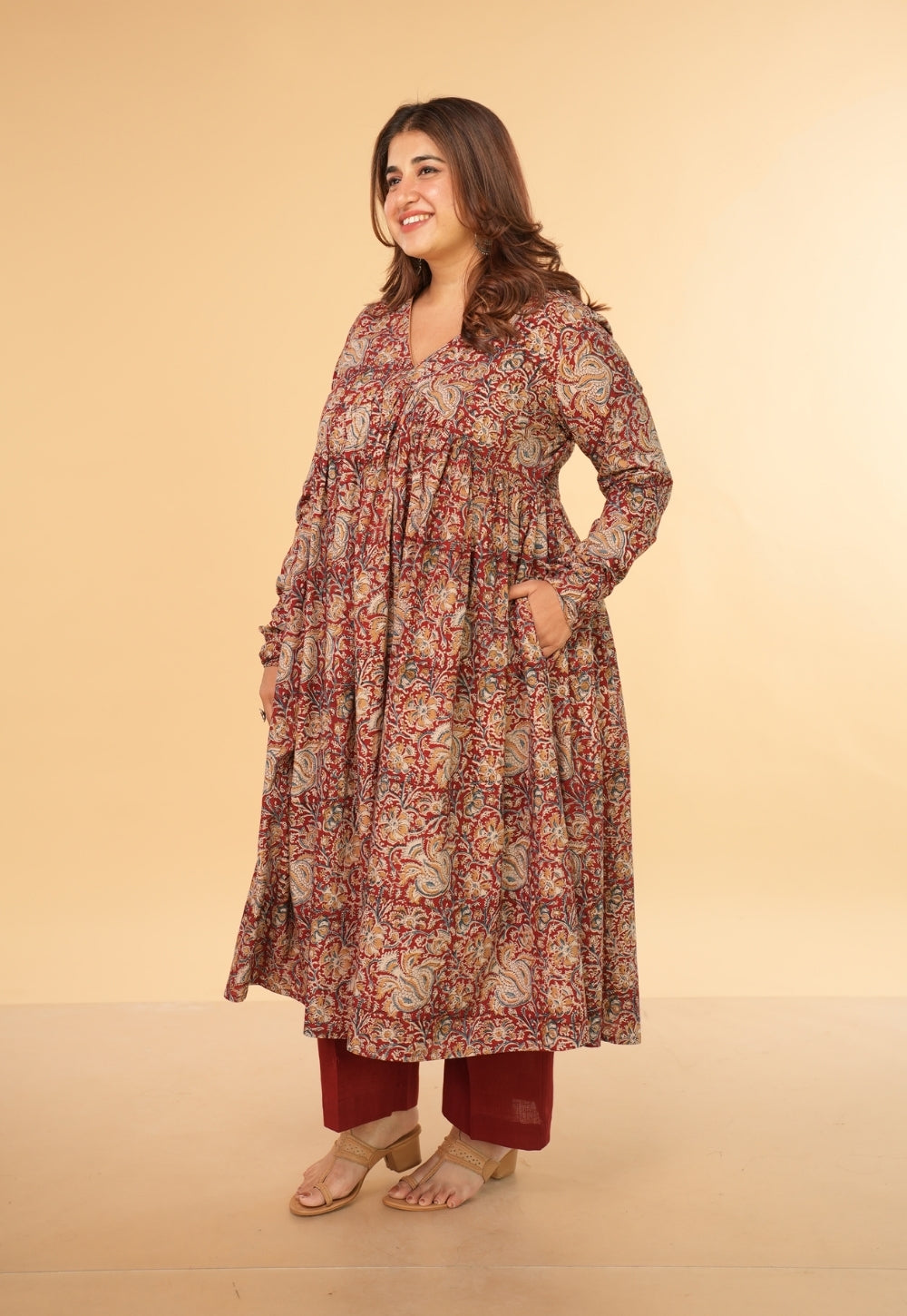 Farha Red Kalamkari Cotton A Line Kurta
