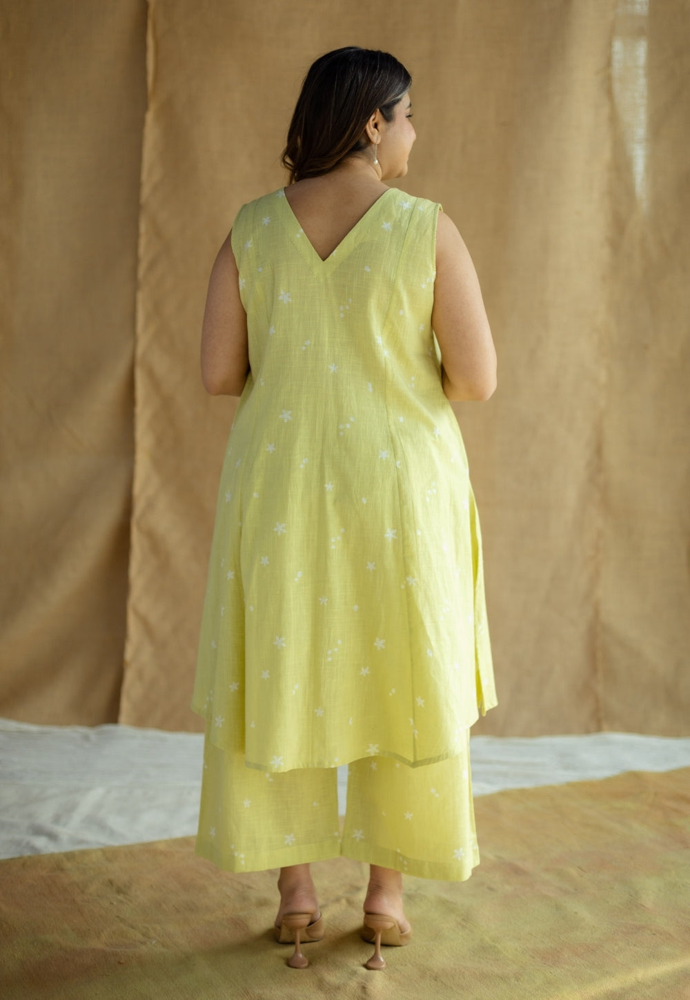 Raahi Lime Green Hand Block Print Slub Cotton A Line Kurta