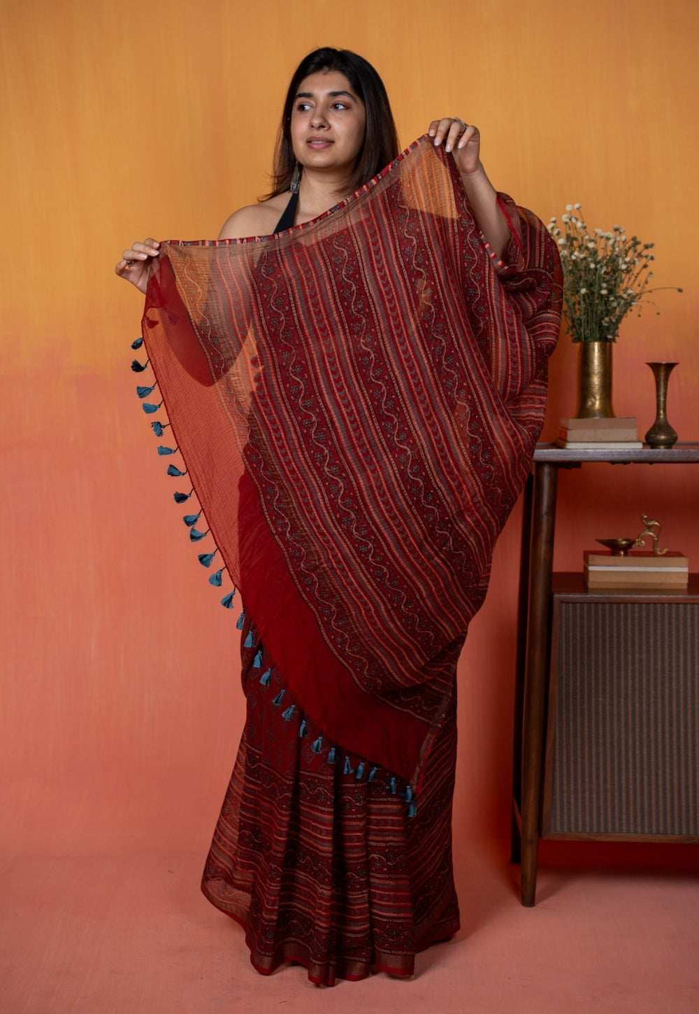Red Aztec Ajrakh Hand Block Print Kota Doria Cotton Saree