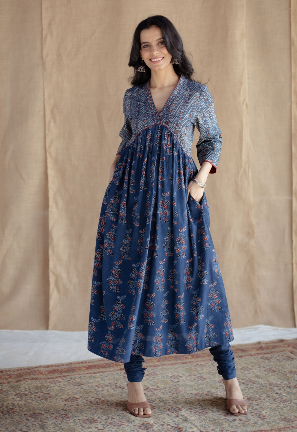 Kriti Indigo Ajrakh Cotton A Line Kurta with Hand Embroidery