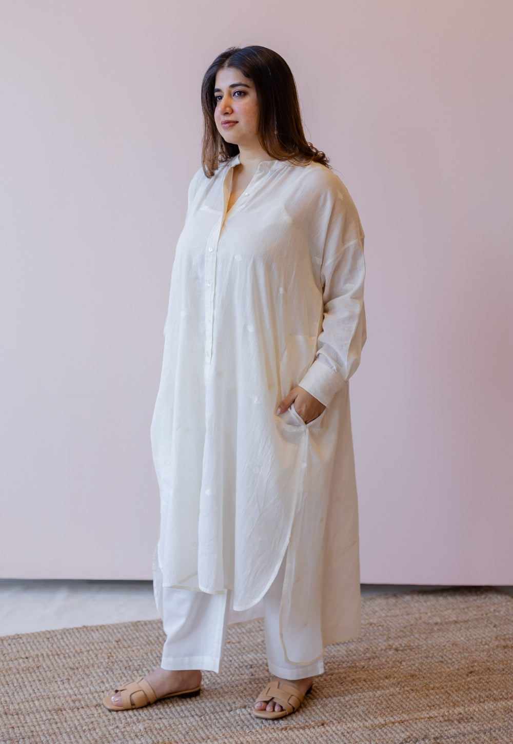 Asha Off White Jamdani Handloom Cotton Anti-Fit Kurta