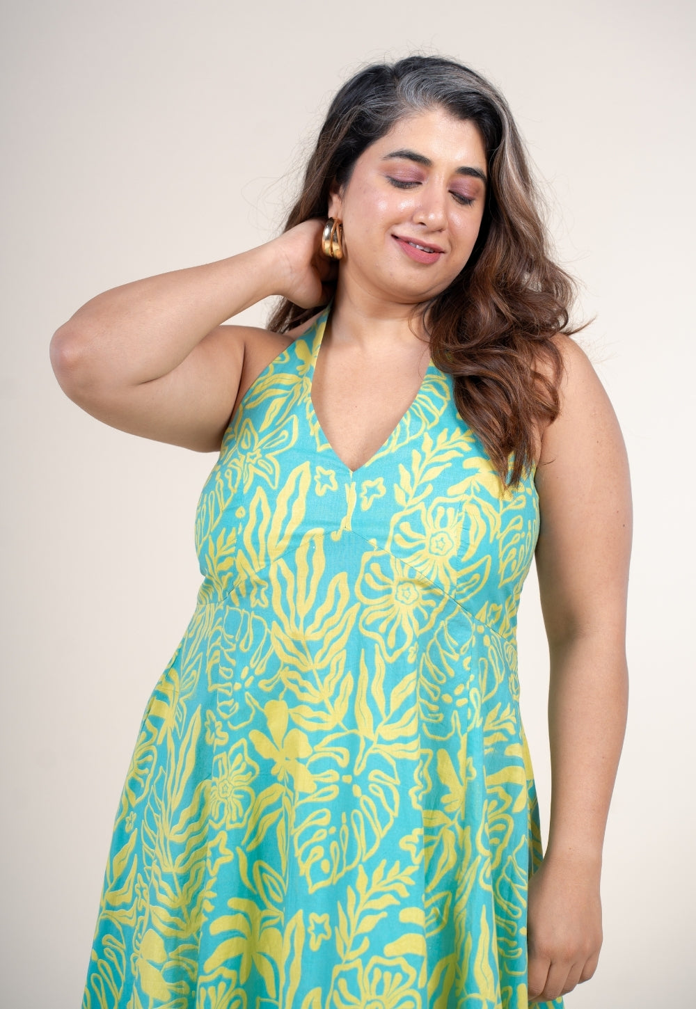 Mihira Blue Turquoise Printed Cotton A Line Dress