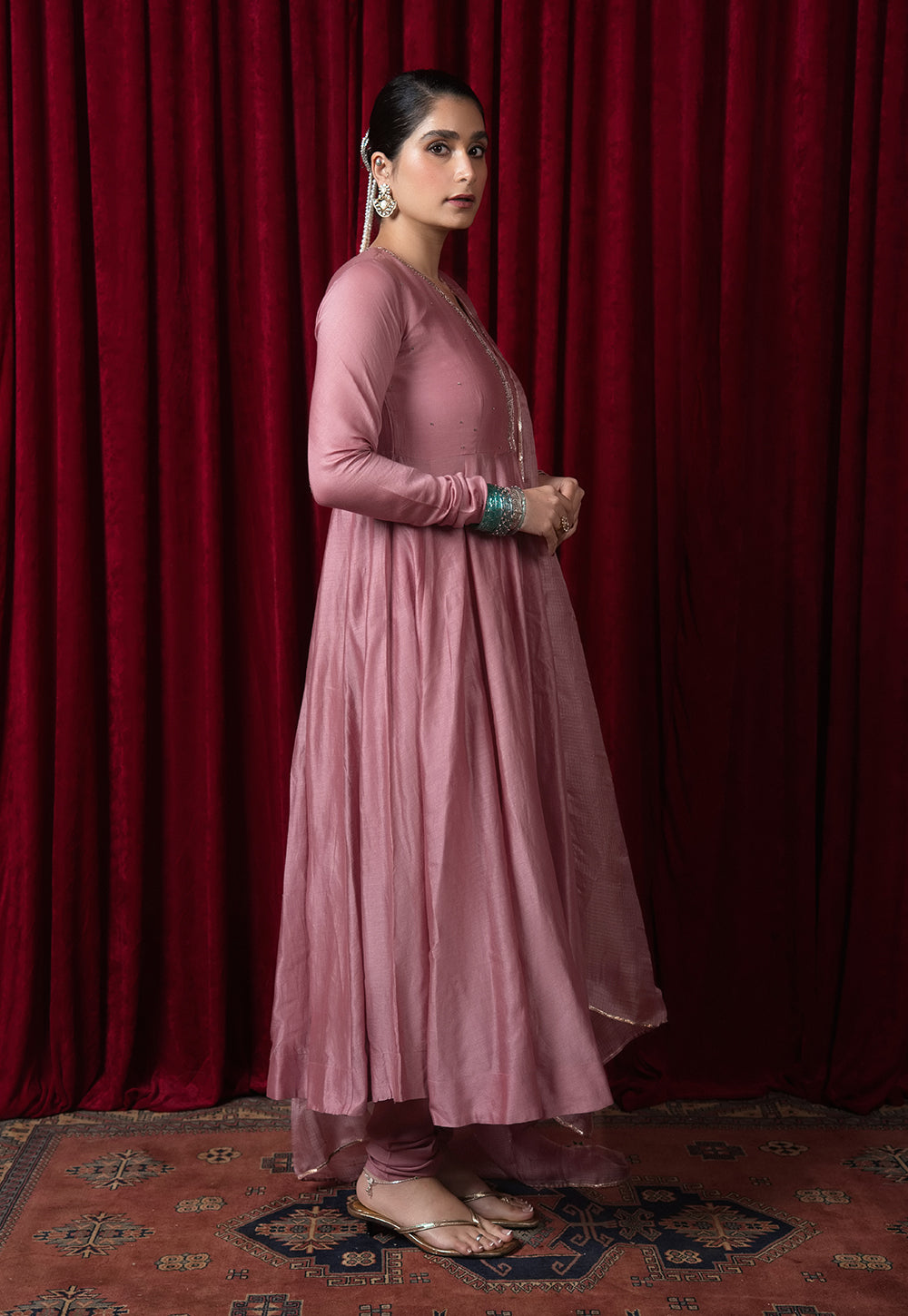 Husna Pink Solid Chanderi Silk Kali Kurta with Hand Embroidery