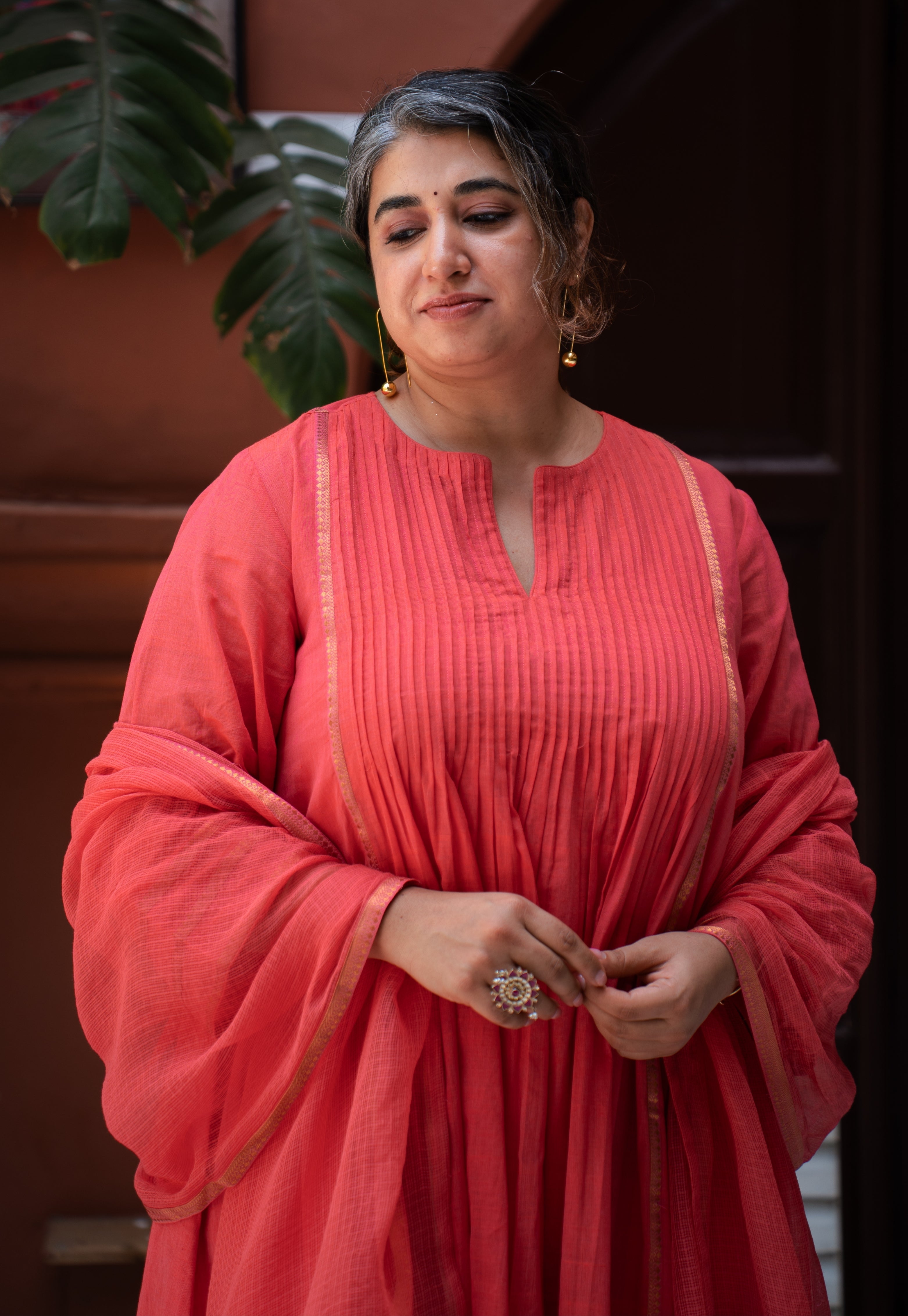 Ruhza Orange Mangalgiri Cotton Kali Kurta with Nizam Border