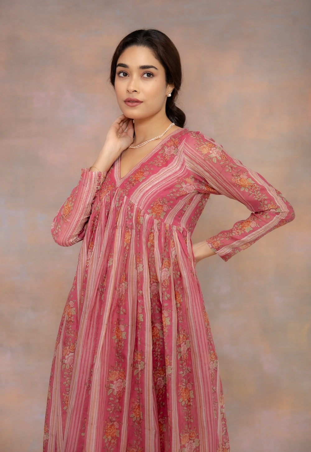 Rooz Pink Sanganeri Chanderi Silk A Line Kurta with Lace Detailing