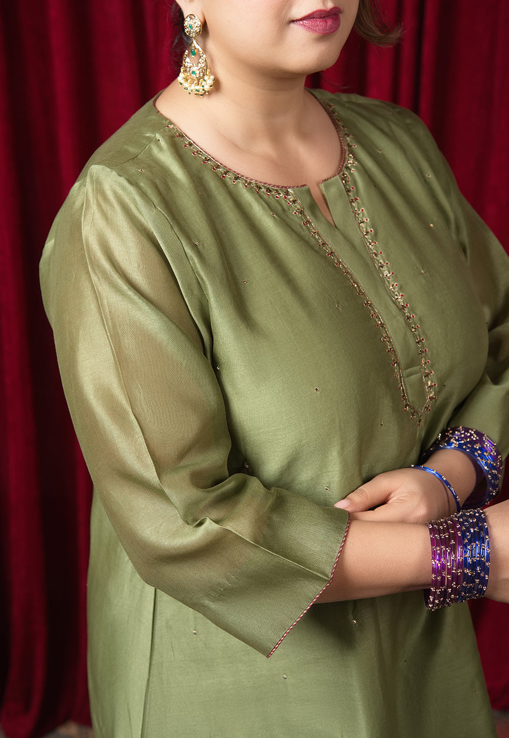 Reva Green Solid Chanderi Silk A Line Kurta with Hand Embroidery
