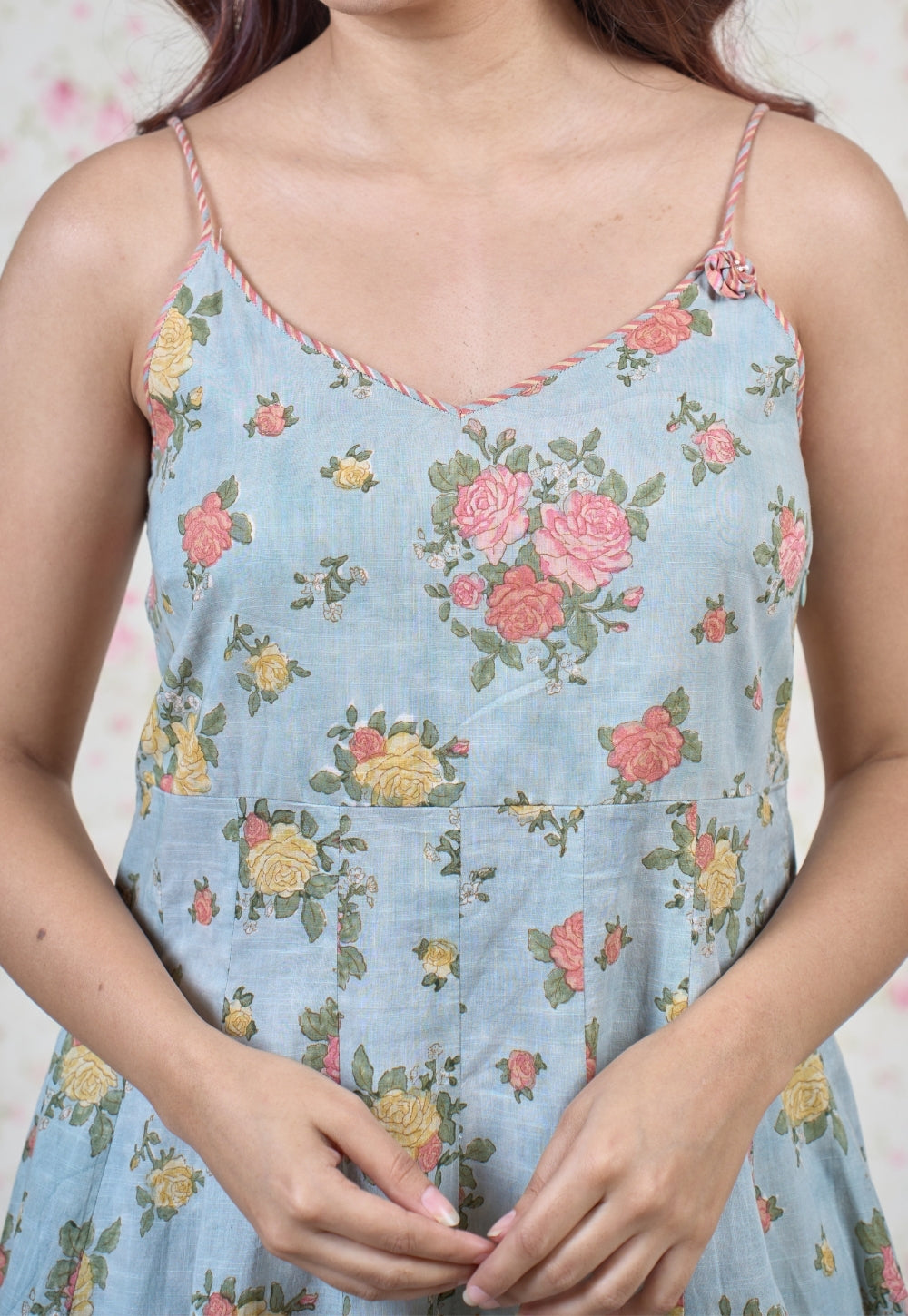 Emma Blue Sanganeri Slub Cotton A Line Dress