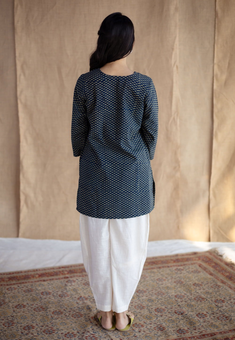 Sahar Indigo Ajrakh Cotton Straight Short Top