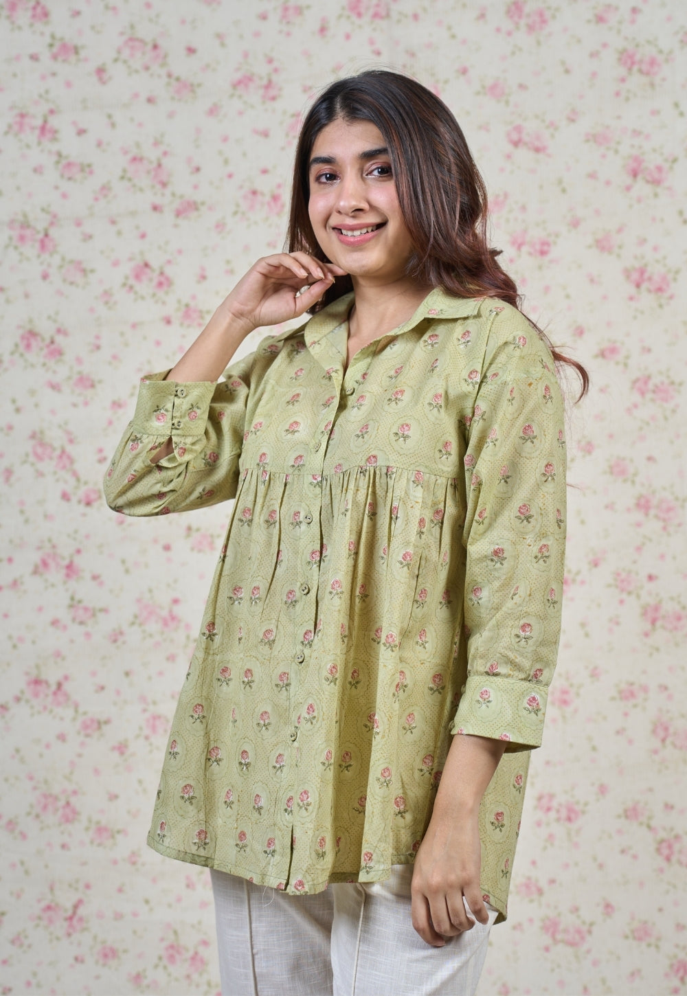 Enola Green Sanganeri Mul Cotton Straight Short Top