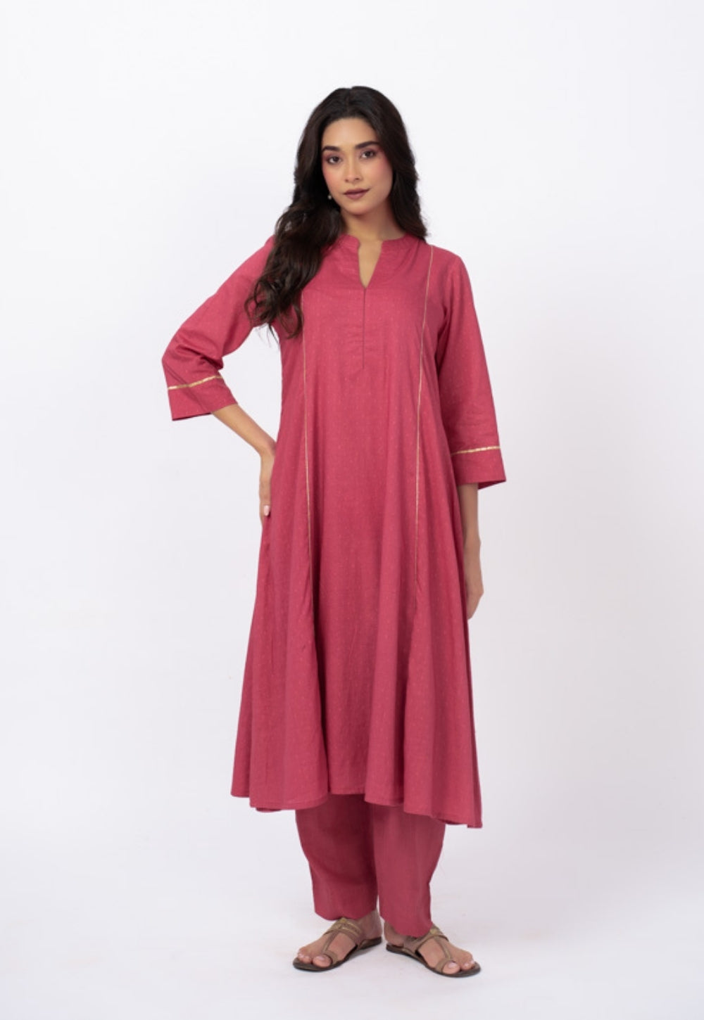 Huma Pink Solid Cotton Kali Kurta Suit Set with Solid Dupatta (Set of 3)