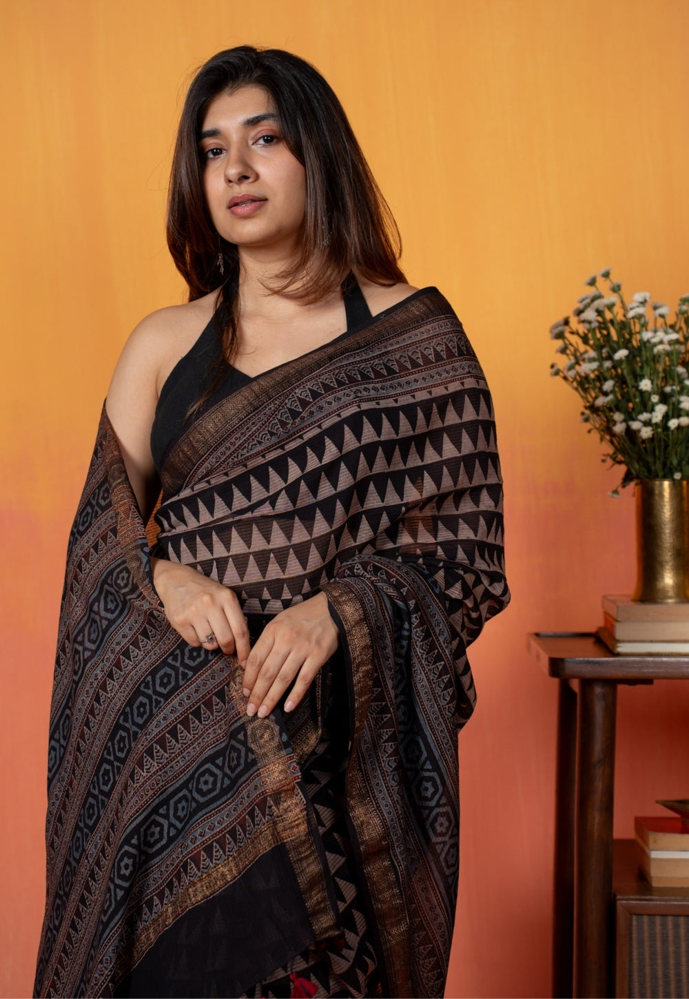 Black Tribal Ajrakh Hand Block Print Maheshwari Saree