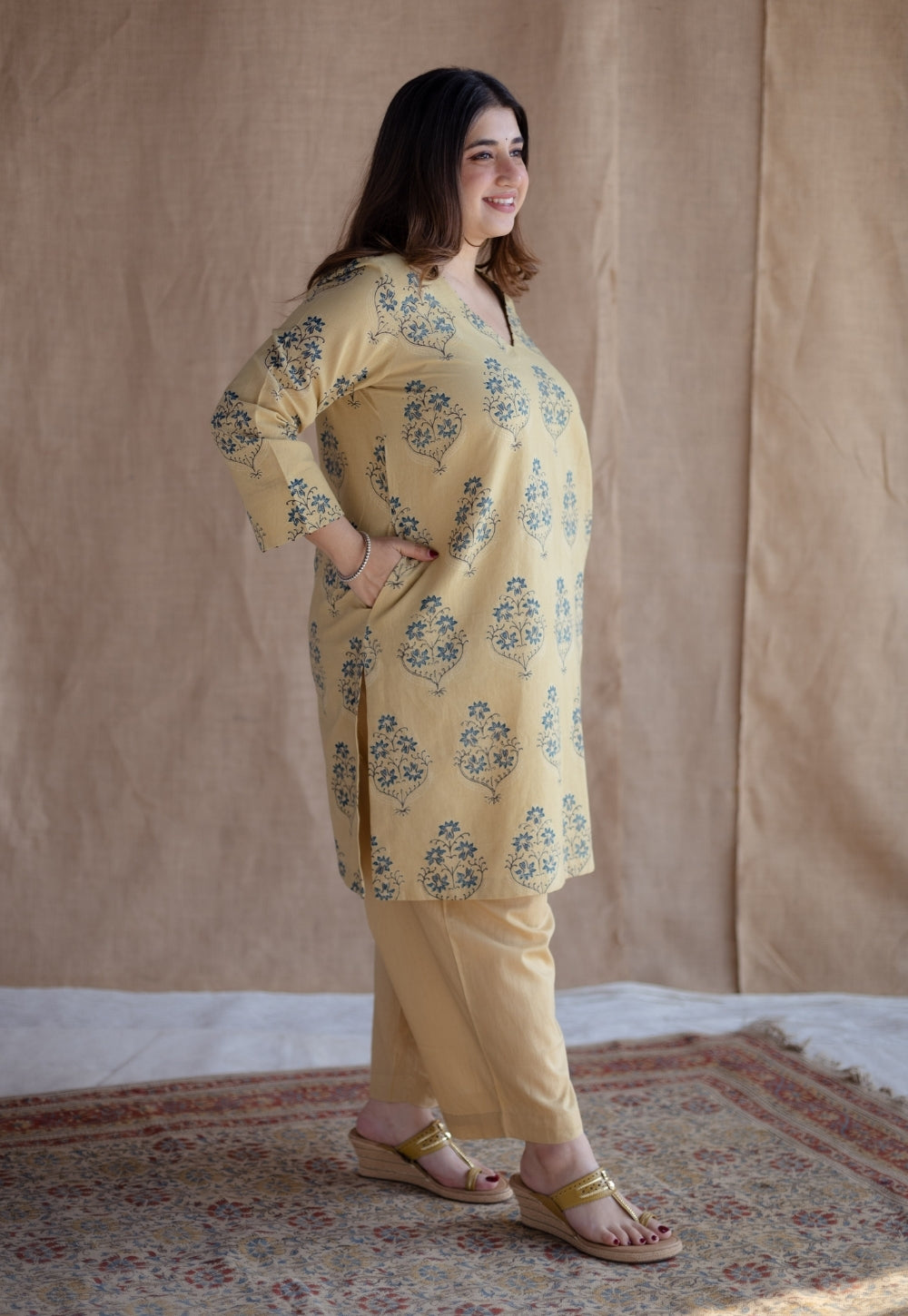 Kavya Yellow Ajrakh Cotton Straight Suit Set (Set of 3)
