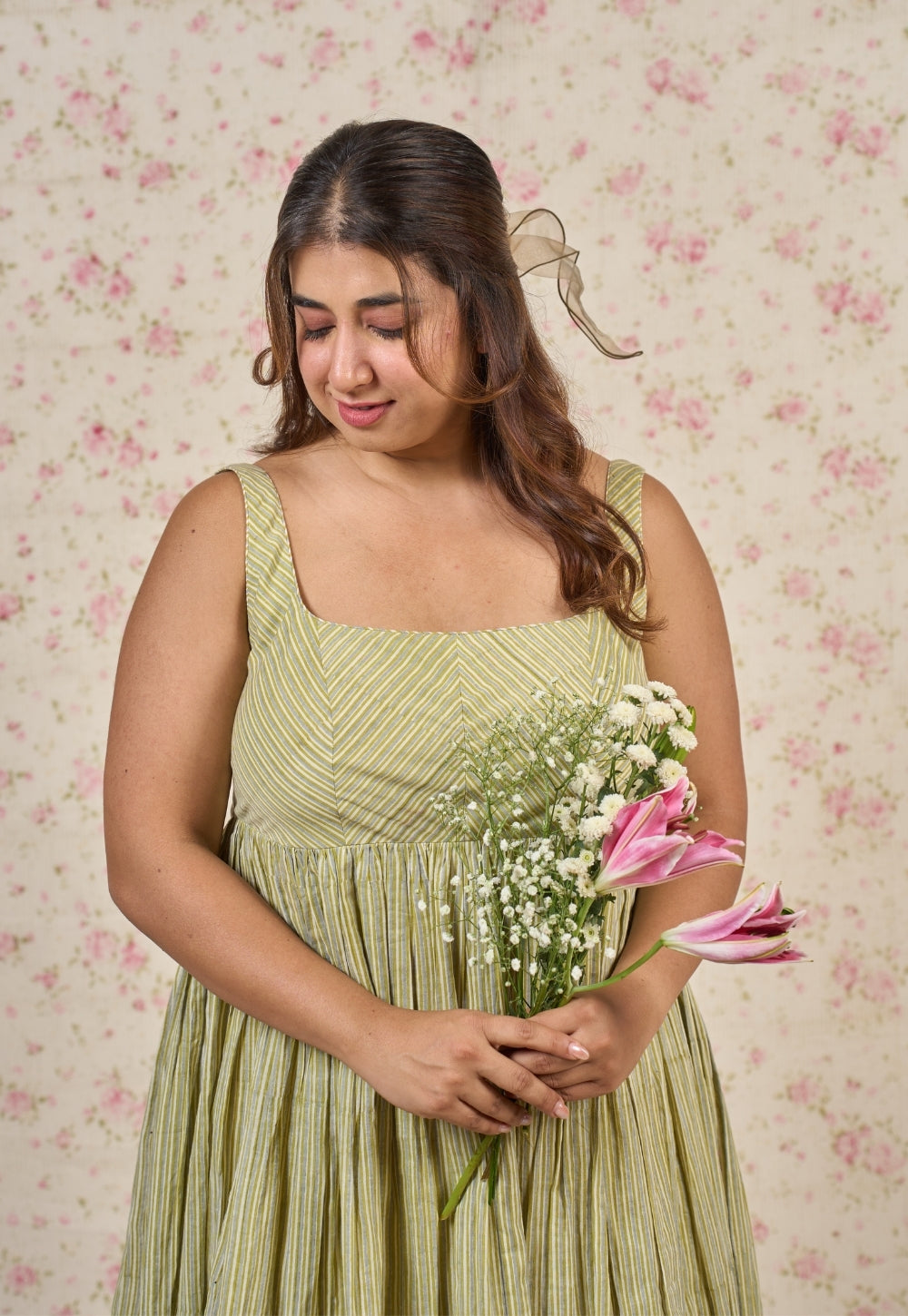 Fleur Green Sanganeri Mul Cotton A Line Dress