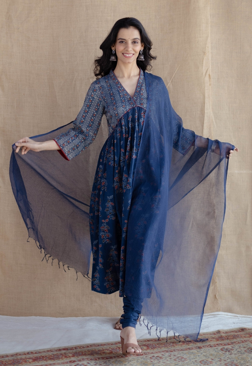 Kriti Indigo Ajrakh Cotton A Line Kurta with Hand Embroidery