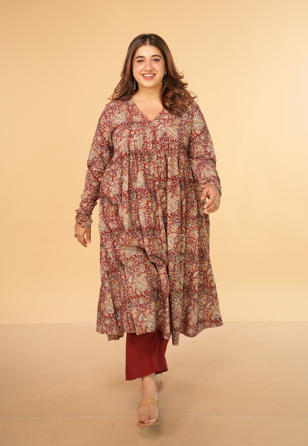 Farha Red Kalamkari Cotton A Line Kurta