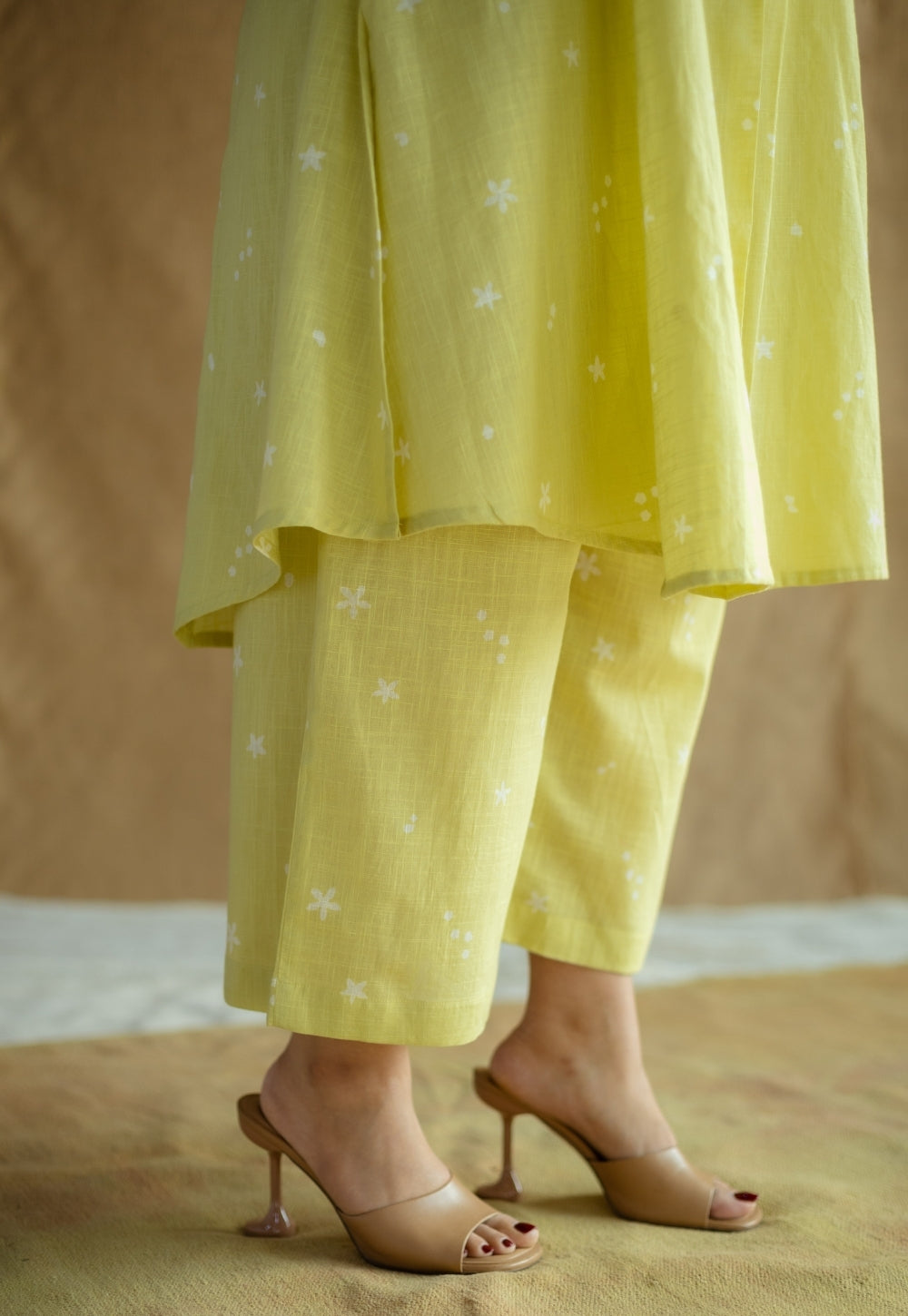 Raahi Lime Green Hand Block Print Slub Cotton A Line Kurta