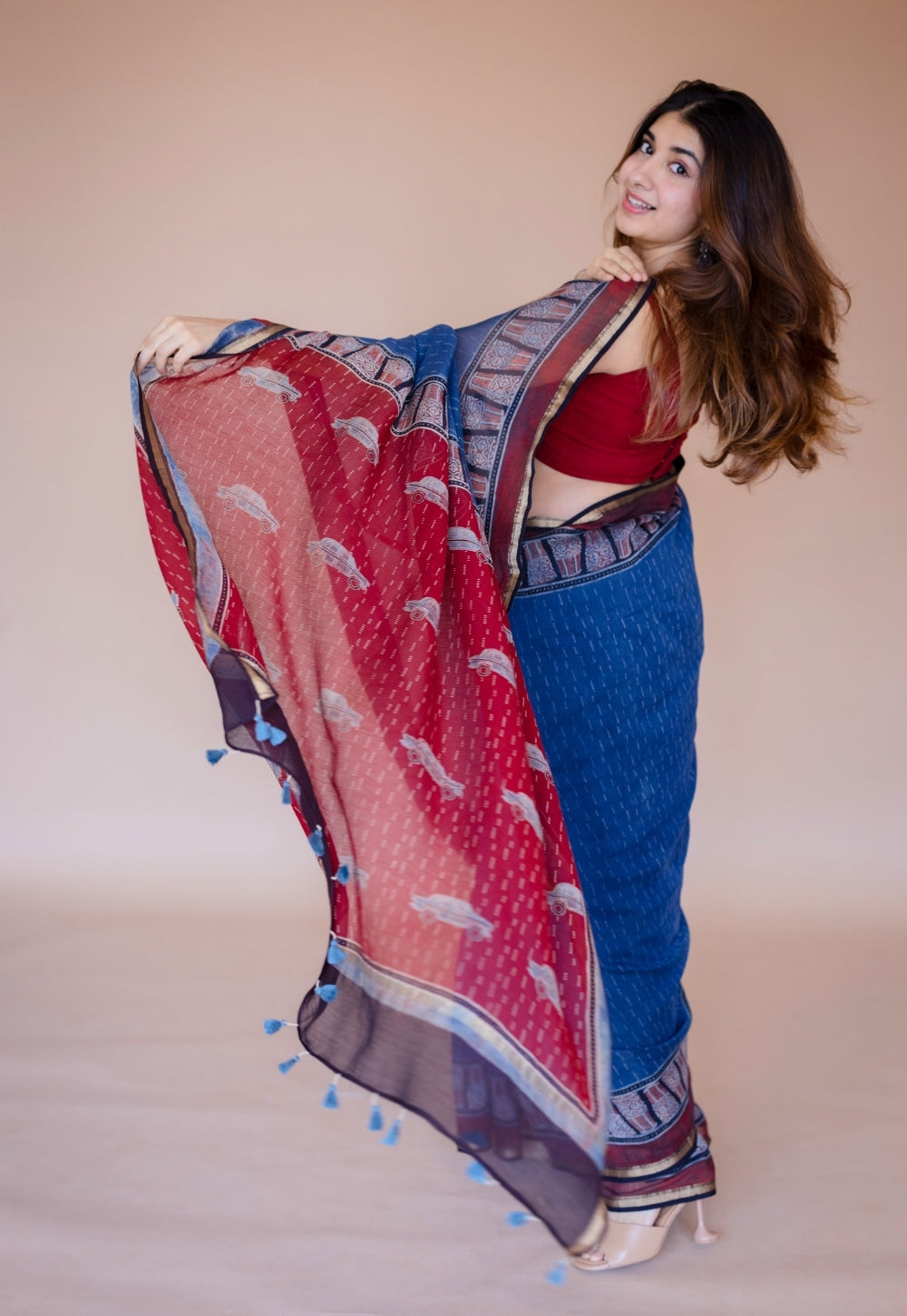 Blue Car Ajrakh Hand Block Print Chanderi Saree