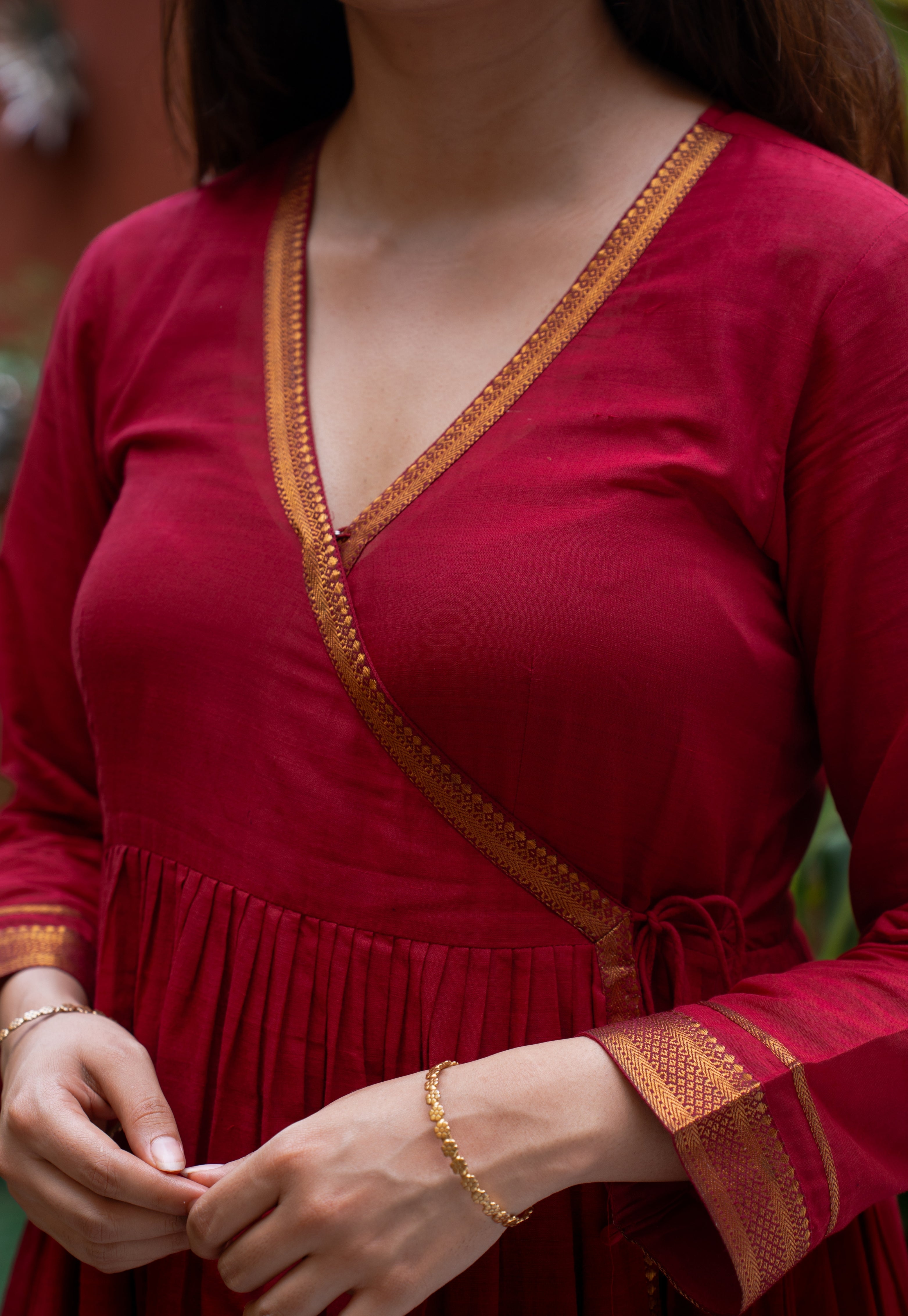 Jina Red Mangalgiri Cotton Angarakha Kurta with Nizam Border