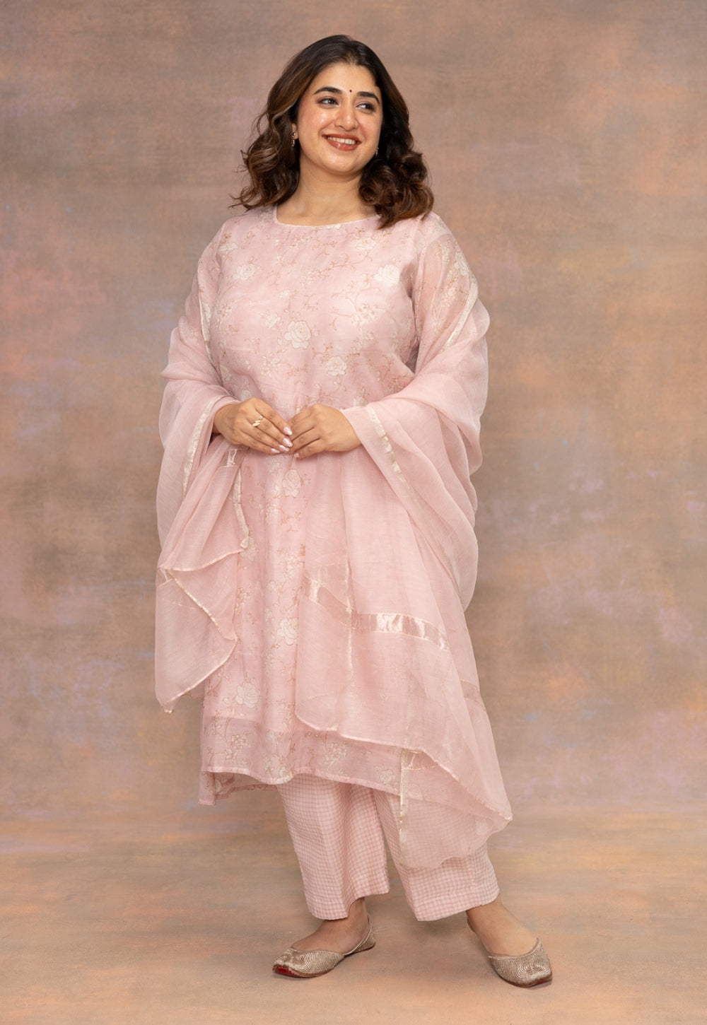 Rose Pink Sanganeri Chanderi Silk A Line Kurta with Mukaish Detailing