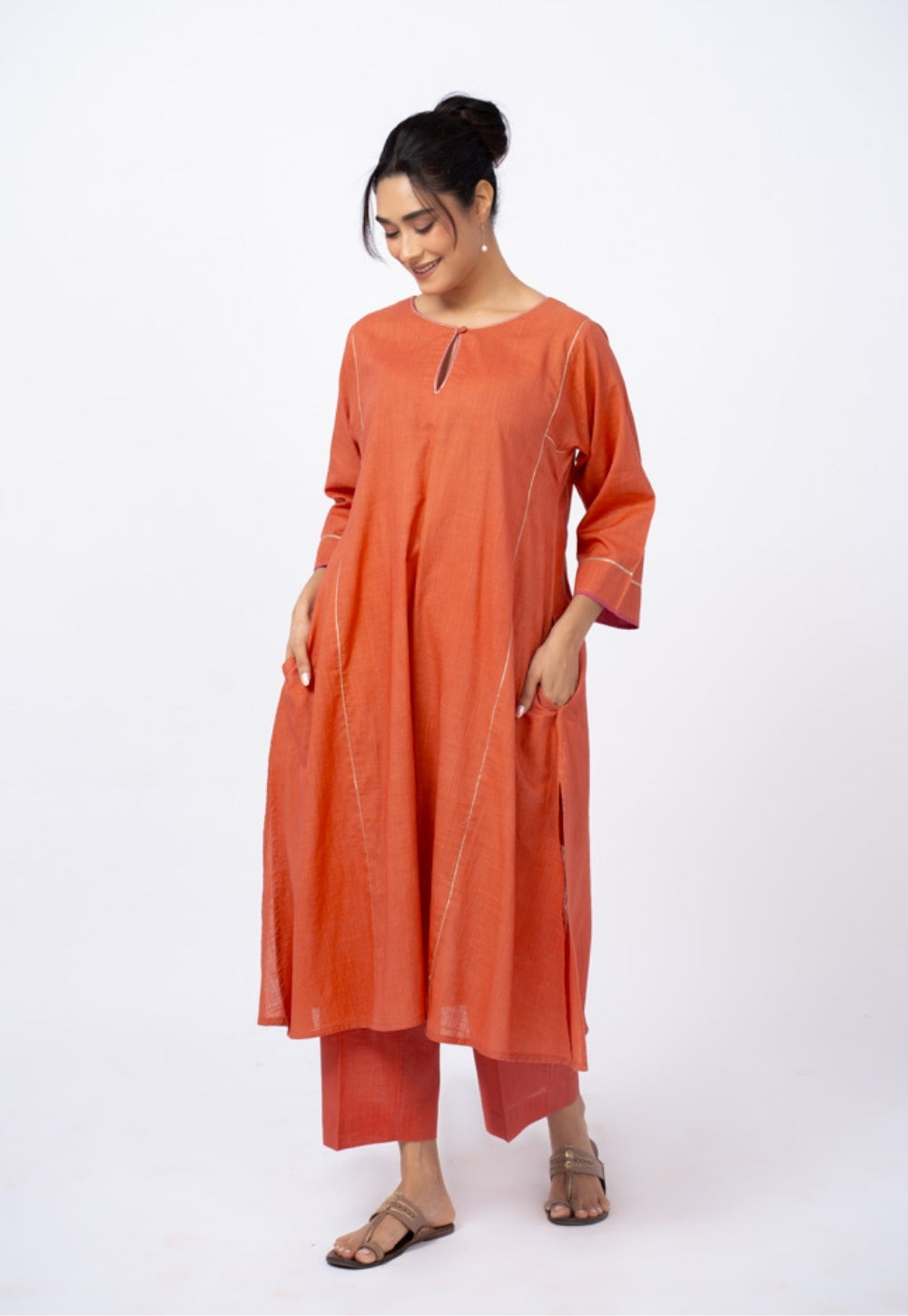Adhya Orange Solid Slub Cotton Jhabbha Kali Kurta Suit Set with Printed Dupatta (Set of 3)