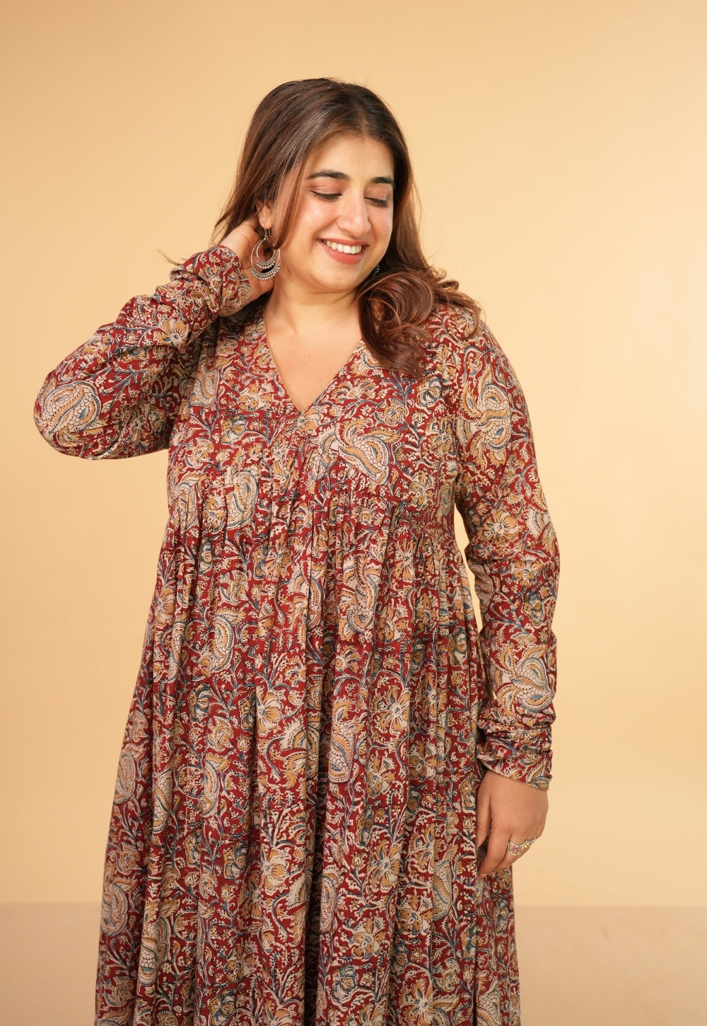 Farha Red Kalamkari Cotton A Line Kurta