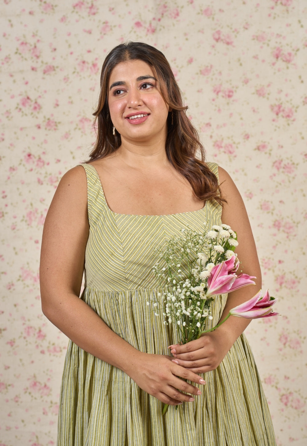 Fleur Green Sanganeri Mul Cotton A Line Dress