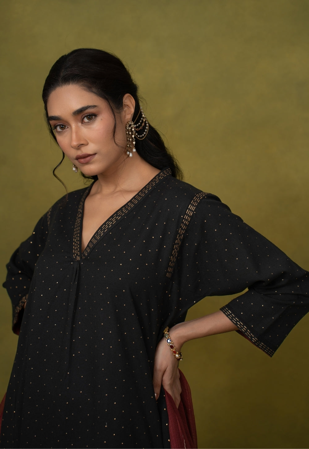 Qainat Black Rogan Handlock Printed Cotton Jhabbha Kali Kurta Suit Set (Set of 3)