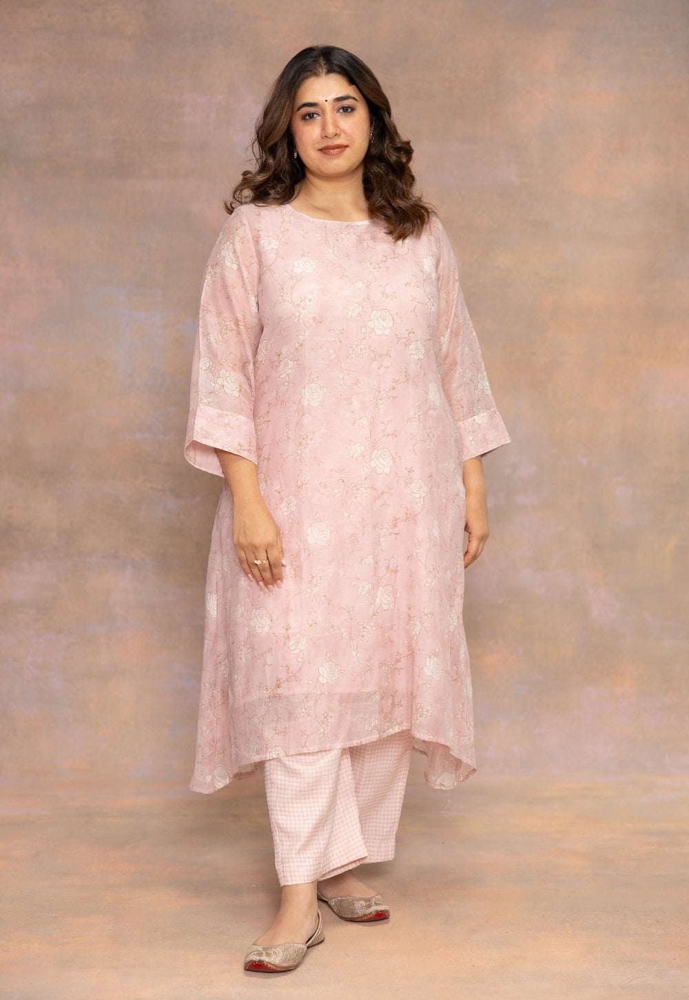 Rose Pink Sanganeri Chanderi Silk A Line Kurta with Mukaish Detailing