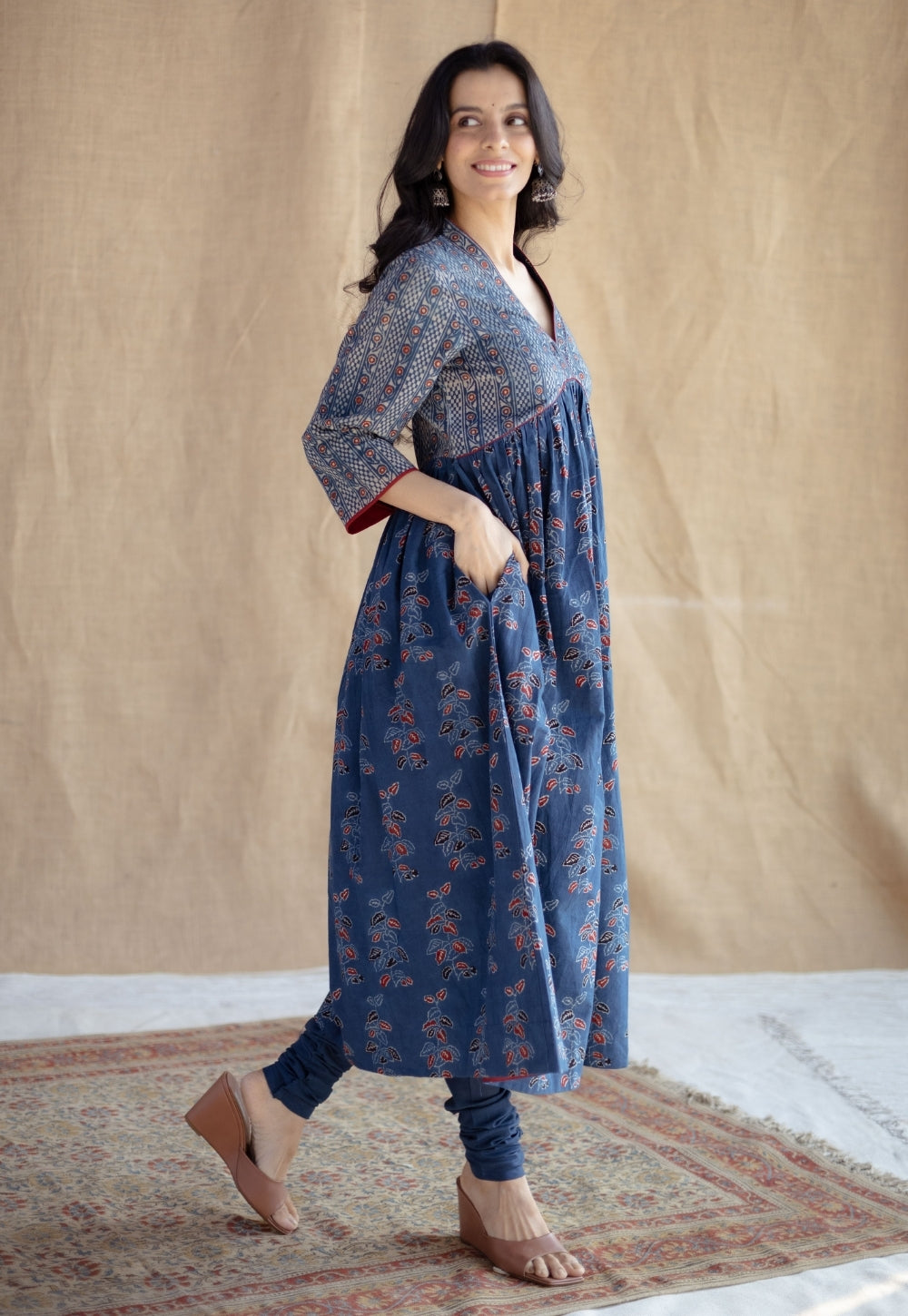 Kriti Indigo Ajrakh Cotton A Line Kurta with Hand Embroidery