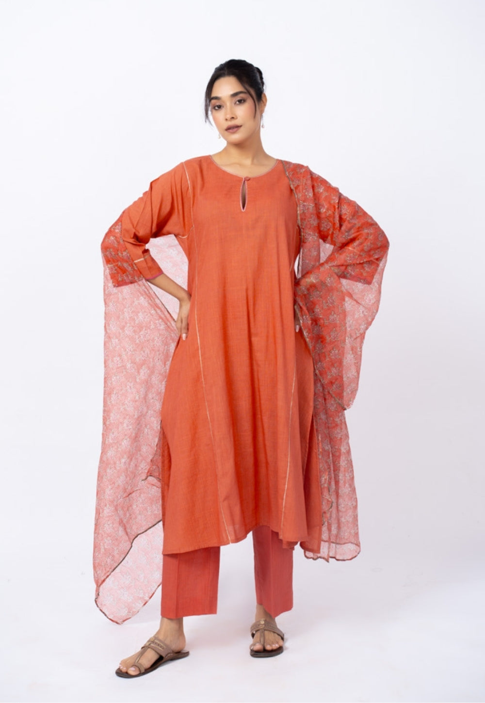 Adhya Orange Solid Slub Cotton Jhabbha Kali Kurta Suit Set with Printed Dupatta(Set of 3) (Copy)