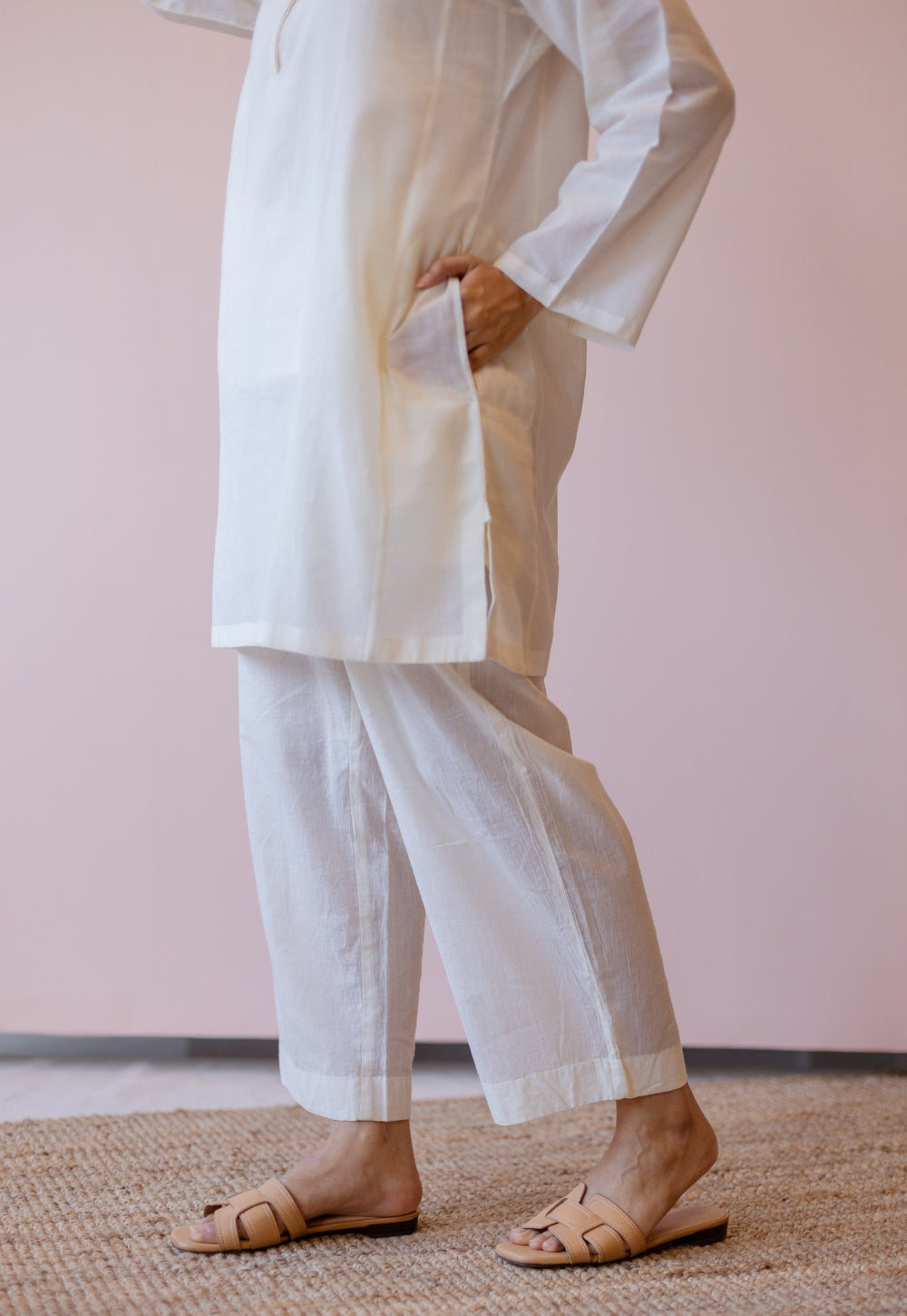 Veda Off White Solid Handloom Cotton A Line Kurta