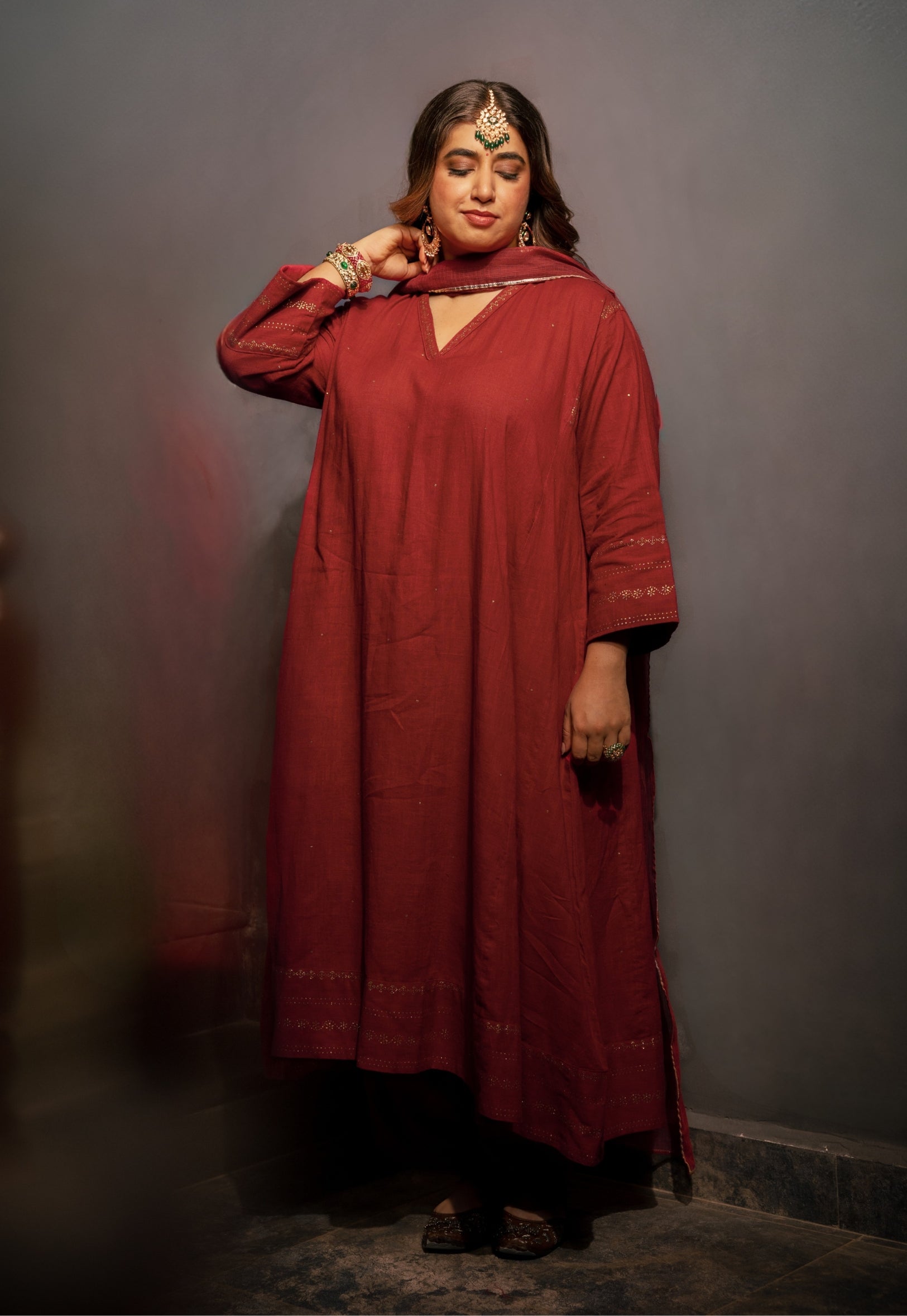 Iqra Red Rogan Handblock Printed Slub Cotton Suit Set (Set of 3)