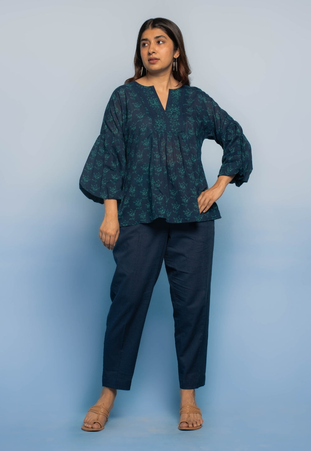 Prita Blue Solid Slub Cotton Narrow Pant