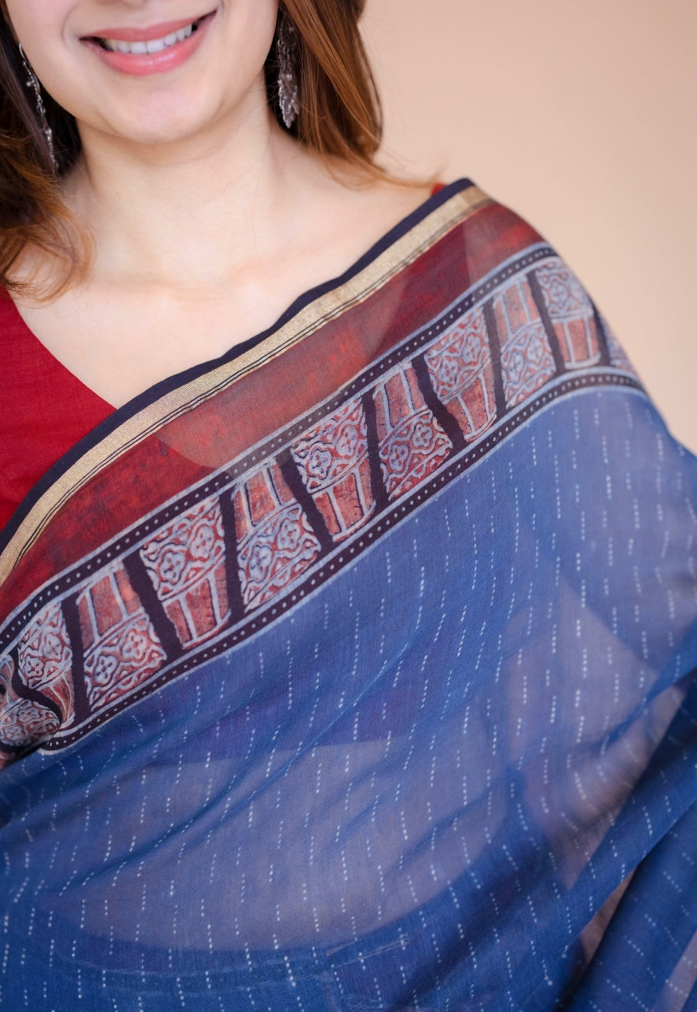 Blue Car Ajrakh Hand Block Print Chanderi Saree
