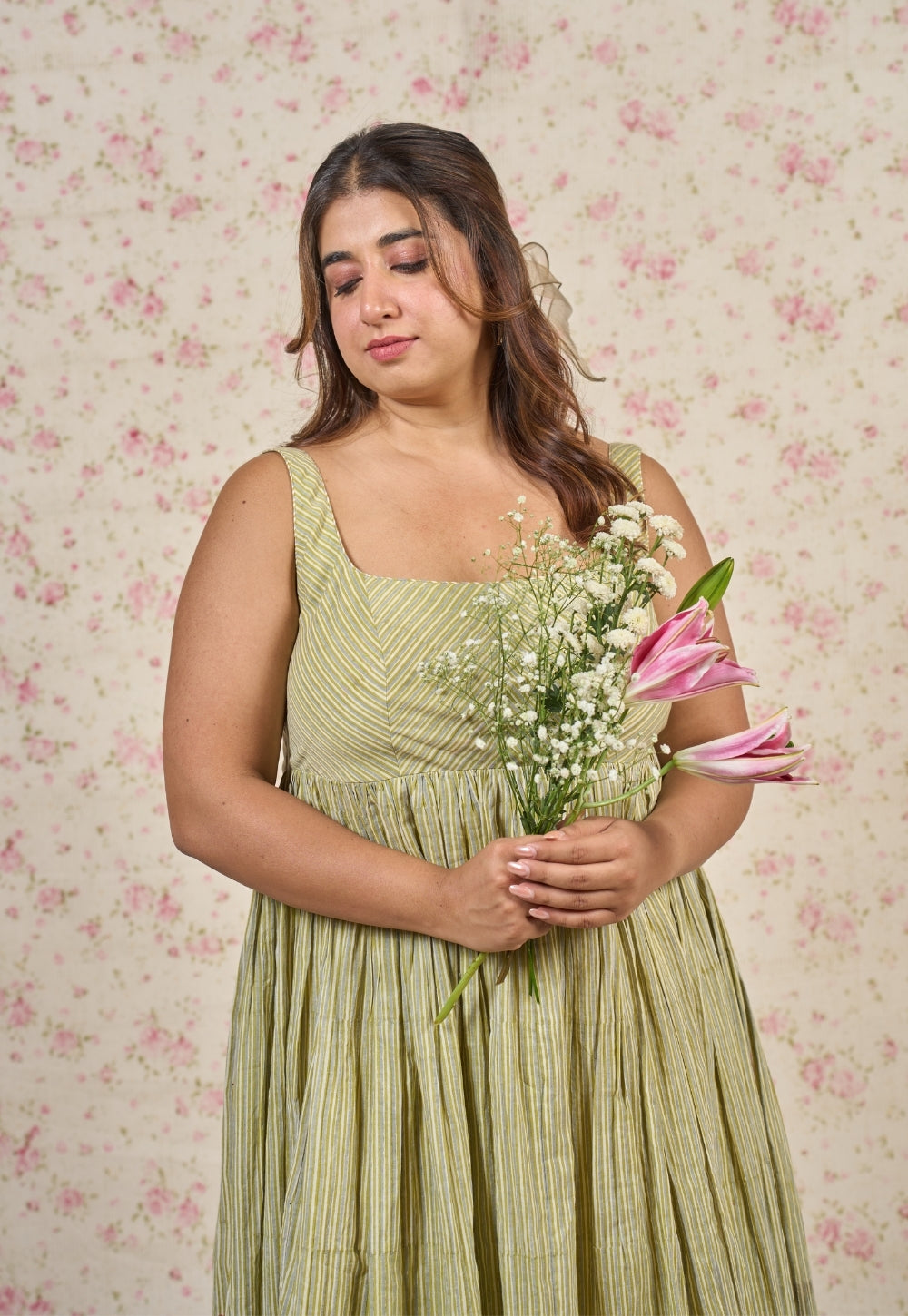 Fleur Green Sanganeri Mul Cotton A Line Dress
